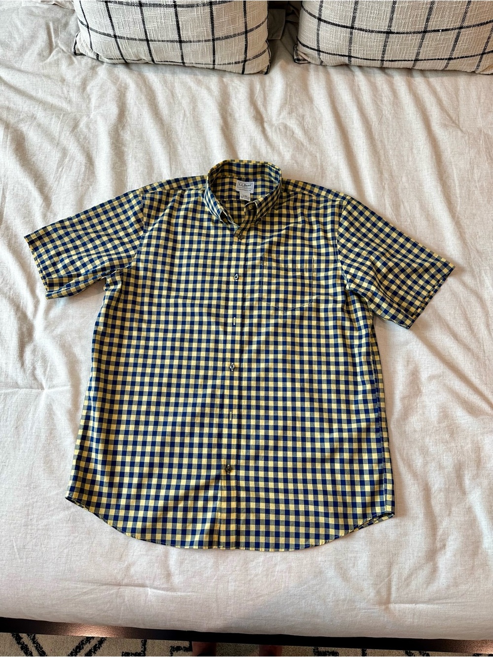 L.L. Bean Yellow and Navy Check Button-Up Shirt